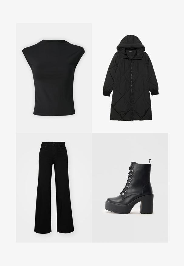 Casaco puffer acolchoado preto com capuz, apresentando um fecho de correr, bolsos laterais e punhos elásticos. Tecido suave e à prova d'água.; Gina Tricot SOFT TOUCH FUNNEL NECK TOP - T-shirt básica - black; Calças largas pretas em denim, com uma cintura estruturada, passantes para cinto e bolsos frontais. Textura suave com um design clássico.; Botim de pele preta até ao tornozelo com um salto bloco chunky, frente com atacadores e superfície texturizada. Apresenta uma lingueta na parte de trás para um uso fácil.