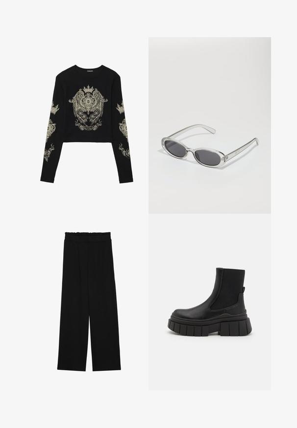 Black quilted puffer coat with a hood, featuring a zip closure, side pockets, and elastic cuffs. Smooth, water-resistant fabric.; Black long-sleeve crop top with a ribbed texture. Features intricate gold graphic designs of crowns and roses on front and sleeves.; Black wide-leg trousers with a ruffled waistband, featuring two side pockets and a smooth, lightweight fabric. No visible patterns or hardware.; Black ankle boots made of smooth leather with elastic side panels, a chunky platform sole, and a textured tread design.; Sunglasses with an oval shape, clear plastic frame, dark gray lenses, and thin transparent arms featuring logo accents and minimal detailing.