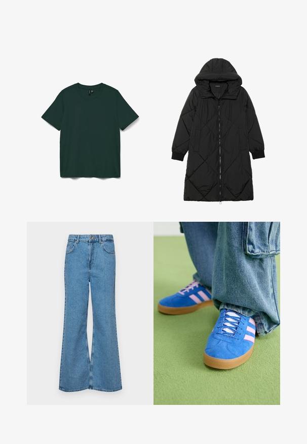 Crna tkanina sa štepom puffer kaput s kapuljačom, sa zatvaračem na zip, bočnim džepovima i elastičnim manžetama. Glatka, vodootporna tkanina.; Tamnozeleni kratki rukav majica izrađena od mekog materijala. Ima okrugli izrez i jednostavan, ravno krojen dizajn. Bez uzoraka ili ukrasa.; Svijetloplave traperice s flared nogavicama, visokog struka, s pet džepova i jednim dugmetom za zatvaranje. Mekani materijal s izblijedjelim izgledom.; Plave zamšne cipele s ružičastim prugama i bijelim vezicama, s gumenim potplatom, u kombinaciji s širokim trapericama na zelenoj podlozi.