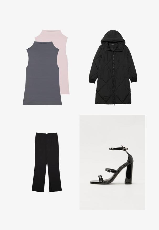 Schwarze, gesteppten Puffermantel mit Kapuze, ausgestattet mit einem Reißverschluss, seitlichen Taschen und elastischen Bündchen. Glattes, wasserabweisendes Material.; Zwei ärmellose Tops aus weichem Stoff; eines in Grau und das andere in zartem Pink. Beide haben einen hohen Ausschnitt und eine glatte Textur.; Schwarze Hose mit geradem Schnitt, ausgestattet mit Fronttaschen und Seitenschlitzen am Saum. Hergestellt aus weichem, glattem Stoff. Geeignet für verschiedene Anlässe.; Schwarze patentierte Sandalen mit Absatz, quadratischer Spitze, Knöchelriemen und silbernen Schnallen. Mit einem stabilen Blockabsatz für mehr Stabilität.
