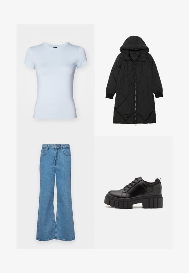 Black quilted puffer coat with a hood, featuring a zip closure, side pockets, and elastic cuffs. Smooth, water-resistant fabric.; Light blue short-sleeve fitted t-shirt made of soft cotton. Features a rounded neckline and minimal stitching detail.; Light blue flared jeans made of denim, featuring a high waist, five pockets, and a single button closure. Soft texture with faded finish.; Black leather platform shoes with a chunky block heel, round toe, and traditional lace-up design. Features smooth texture and minimal detailing.