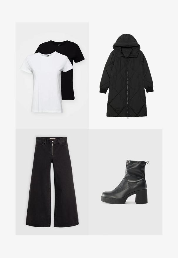 Črna prešita puffer jakna s kapuco, ki ima zadrgo, stranske žepe in elastične manšete. Gladek, vodoodporen material.; Dve majice s kratkimi rokavi: ena bela in ena črna. Narejene iz bombaža, z značilnim krojem za vrat z gladko teksturo.; Široke traperice iz črnega denima z zadrgo spredaj, petimi žepi in diskretnimi šivi. Gladka tekstura in ležeren slog.; Črne gležnjarje iz gladke kože z božnim zadrgo, masivnim teksturiranim peto in zaobljeno obliko prstov.