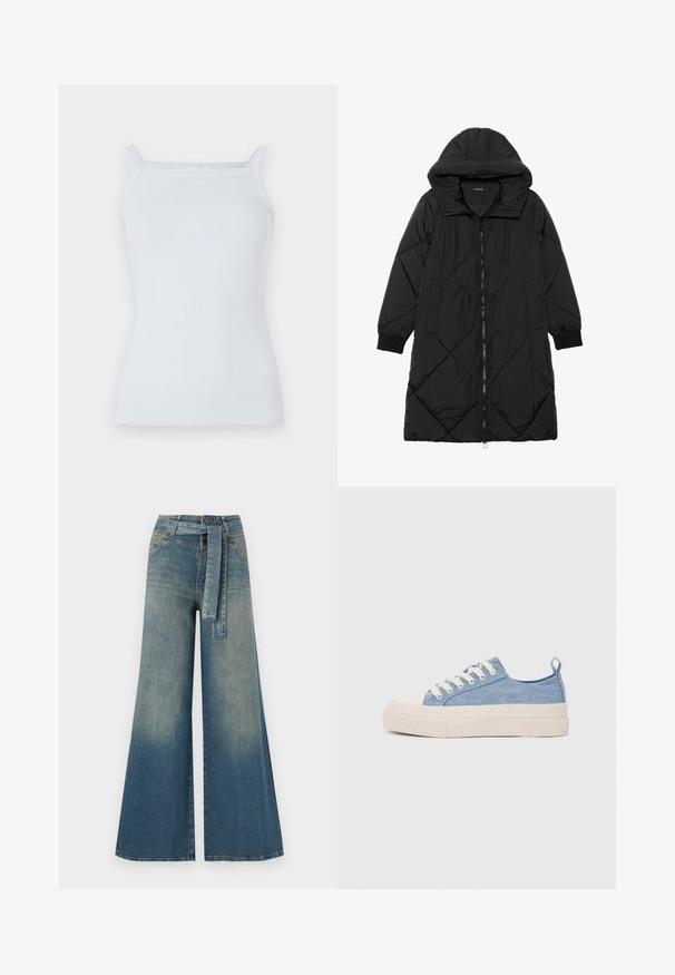 Black quilted puffer coat with a hood, featuring a zip closure, side pockets, and elastic cuffs. Smooth, water-resistant fabric.; Light blue ribbed tank top with narrow straps and a straight neckline. Made of soft fabric, featuring a fitted design and minimal detailing.; Wide-leg denim trousers featuring a light to dark blue gradient, high waist, belt loops, and a matching fabric belt. Textured denim finish.; Light blue canvas sneakers with a cream rubber toe cap and outsole, featuring white laces and a pull tab on the heel.