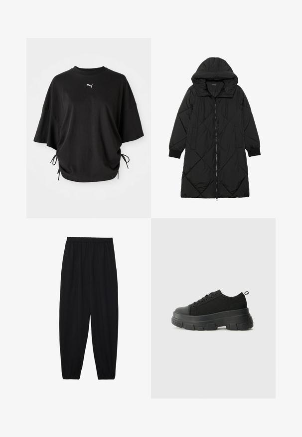 Svart quiltet puffjakke med hette, med glidelås, sidelommer og elastiske mansjetter. Glatt, vannavvisende stoff.; Svart t-skjorte med kort erm laget av bomull, med rund hals og sidelisser for justerbar passform; Puma-logo i hvitt på brystet.; Svarte, lette bukser med elastisk liv og rynkede ankler. Stoffet er glatt og har en avslappet, innsvingt design.; Svarte sneakers med en kraftig gummisåle, teksturert stoffoverdel, rund tå og snøring. Har forsterkede snørehull og bakre trekkstang.