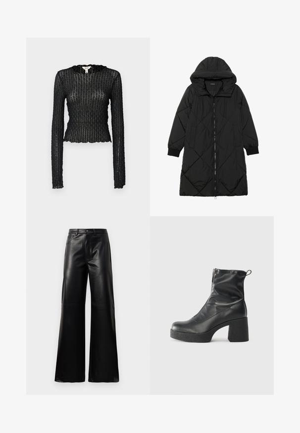 Black quilted puffer coat with a hood, featuring a zip closure, side pockets, and elastic cuffs. Smooth, water-resistant fabric.; Black long-sleeve top made of textured lace, featuring a scalloped neckline and fitted design with a cropped silhouette.; Black high-waist wide-leg faux leather pants with front button, zip closure, belt loops, and side pockets on white background.; Black ankle boots made of smooth leather, featuring a side zipper, chunky textured heel, and rounded toe design.