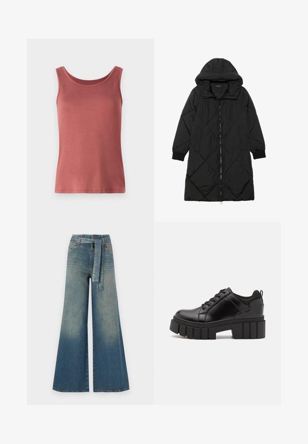 Sort quiltet pufferjakke med hætte, med lynlåslukning, sidelommer og elastiske manchetter. Glat, vandafvisende stof.; Rød bomulds tanktop med rund hals og brede stropper, der har en glat tekstur og en tætsiddende silhuet. Ingen mønstre eller udsmykninger.; Bredbens-denimbukser med en lys til mørk blå gradient, høj talje, bælteløkker og et matchende stofbælte. Tekstureret denimfinish.; Sorte læder platform sko med en klodset blokhæl, rund tå og traditionelt snøredesign. Har en glat tekstur og minimal detaljering.