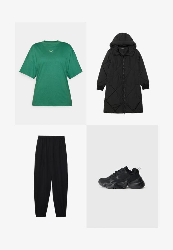 Abrigo acolchado negro con capucha, que cuenta con cierre de cremallera, bolsillos laterales y puños elásticos. Fabricado con un tejido liso y resistente al agua.; Camiseta verde de gran tamaño hecha de una tela suave, con cuello redondo y mangas cortas. Pequeño logotipo en verde claro en el pecho.; Pantalones negros, ligeros, con cintura elástica y tobillos fruncidos. La tela es suave y presenta un diseño relajado y ajustado.; Zapatillas negras con una mezcla de materiales lisos y texturizados, suelas gruesas, forma redondeada y costuras decorativas. Presentan un puño suave y acolchado.