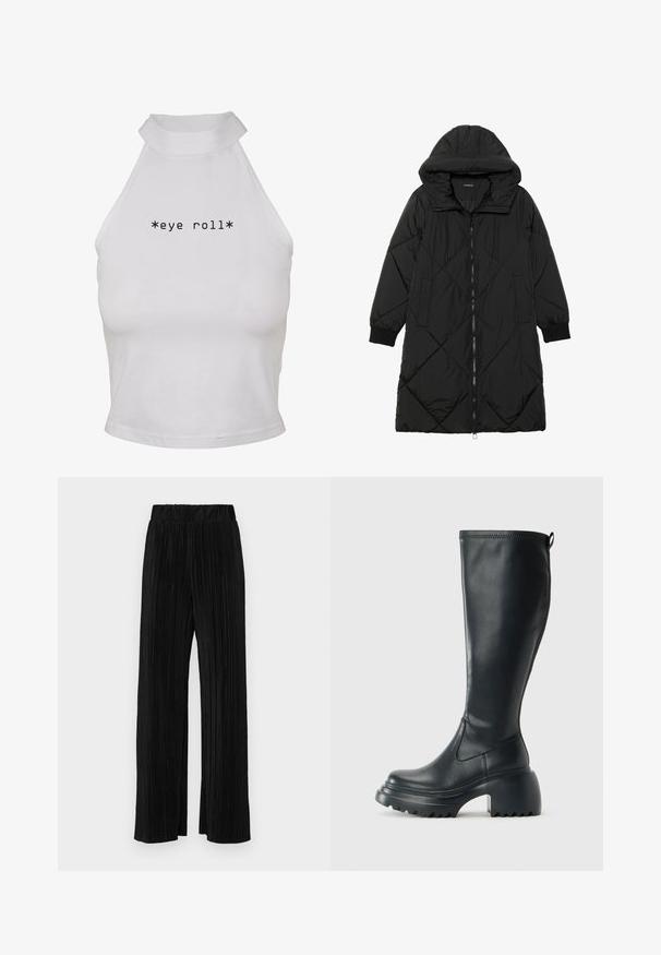 Sort quiltet pufferjakke med hætte, med lynlåslukning, sidelommer og elastiske manchetter. Glat, vandafvisende stof.; Hvid halterneck crop top lavet af glat stof, med teksten "*eye roll*" i fed sort skrift centreret foran.; Sorte plisserede bukser med elastisk talje. Har brede ben og et glat, tekstureret stof med lodrette striber.; Høj sort læderstøvle med kraftig platformssål og blokhæl, med trækstrop og tekstureret sål.