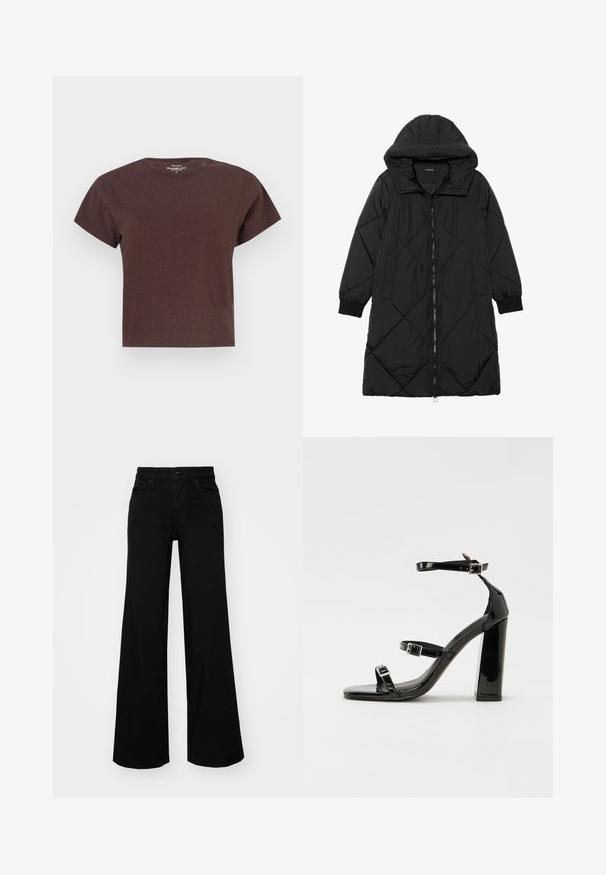 Black quilted puffer coat with a hood, featuring a zip closure, side pockets, and elastic cuffs. Smooth, water-resistant fabric.; Brown short-sleeve T-shirt made of soft fabric. Features a round neckline and a relaxed fit with straight cut at the hem.; Black wide-leg pants made of denim, featuring a structured waistband, belt loops, and front pockets. Smooth texture with a classic design.; Black patent heeled sandals with a square toe, ankle straps, and silver buckles. Features a chunky block heel for stability.