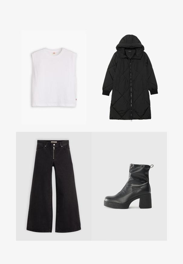 Fekete steppelt pufi kabát kapucnival, cipzáras záródással, oldalsó zsebekkel és elasztikus mandzsettákkal. Simább, vízlepergető anyag.; Fehér ujjatlan pamut póló kerek nyakkivágással, egyenes fazonnal és egy kis piros logó címkével az alján. Puha tapintású.; Fekete denim széles szárú farmer, cipzáros elejével, öt zsebes kialakítással és diszkrét varrással. Sima textúra és laza stílus.; Fekete bokacsizmák sima bőrből, oldalsó cipzárral, vastag, texturált sarkú és lekerekített orrú dizájnnal.