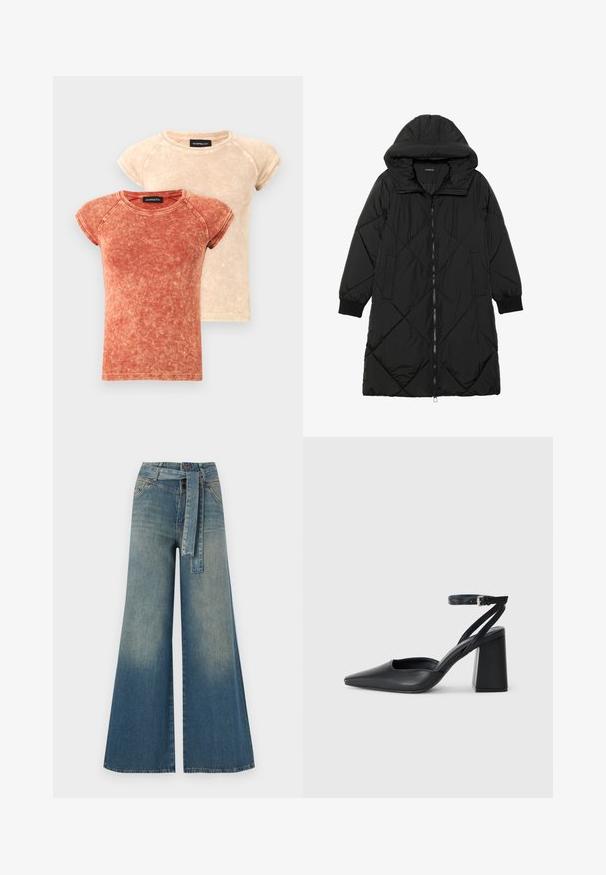 Zwarte gewatteerde pufferjas met een capuchon, voorzien van een ritssluiting, zijzakken en elastische manchetten. Glad, waterafstotend materiaal.; Twee korte mouw, ronde hals t-shirts in vervaagd rood en beige kleuren. De stof heeft een gewassen textuur met contrasterende stiksels.; Wijduitlopende denim broek met een lichte naar donkere blauwe gradient, hoge taille, riemlussen en een bijpassende stoffen riem. Gestructureerde denimafwerking.; Zwarte leren puntige pump met een enkelbandje en een chunky hak. Vlakke textuur, strakke vormgeving en minimalistische esthetiek.