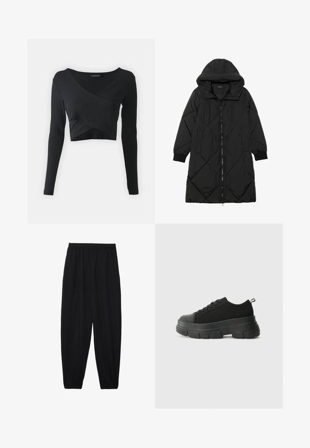 Black quilted puffer coat with a hood, featuring a zip closure, side pockets, and elastic cuffs. Smooth, water-resistant fabric.; Even&Odd Long sleeved top - black; Black, lightweight pants with an elastic waistband and gathered ankles. The fabric is smooth and features a relaxed, tapered design.; Black sneakers with a chunky rubber sole, textured fabric upper, round toe, and lace-up design. Features reinforced eyelets and back pull tab.