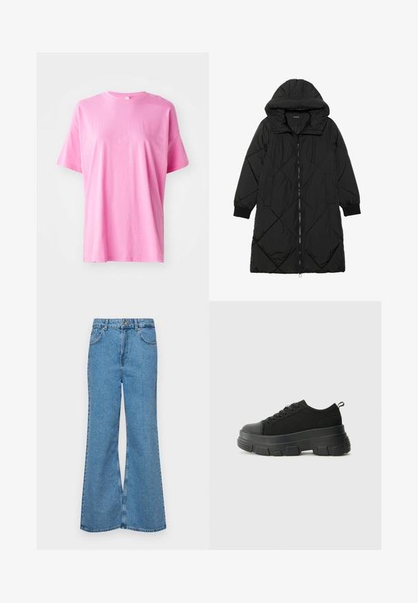 Czarna pikowana kurtka puchowa z kapturem, z zapięciem na zamek, bocznymi kieszeniami i elastycznymi mankietami. Gładki, wodoodporny materiał.; Różowa koszulka bawełniana z krótkimi rękawami, okrągłym dekoltem i luźnym krój. Minimalna liczba szwów i gładka tekstura bez widocznych wzorów.; Jasnoniebieskie dzwony z denimu, z wysokim stanem, pięcioma kieszeniami i zapięciem na jeden guzik. Miękka tekstura z wyblakłym wykończeniem.; Czarne sneakersy z masywną gumową podeszwą, teksturowaną górną częścią, okrągłym noskiem i sznurowanym zapięciem. Posiadają wzmocnione oczka i pętelkę z tyłu.