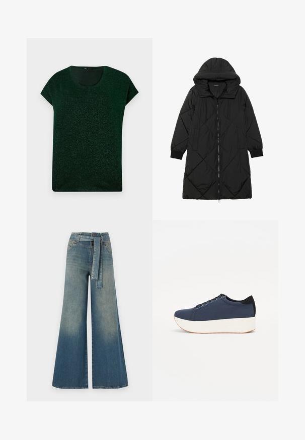 Black quilted puffer coat with a hood, featuring a zip closure, side pockets, and elastic cuffs. Smooth, water-resistant fabric.; Dark green short-sleeve shimmer top with round neckline and relaxed fit on a plain background.; Wide-leg denim trousers featuring a light to dark blue gradient, high waist, belt loops, and a matching fabric belt. Textured denim finish.; Navy blue sneaker with a textured fabric upper, white platform sole, rounded toe, and black heel accent. Features six eyelets for laces.