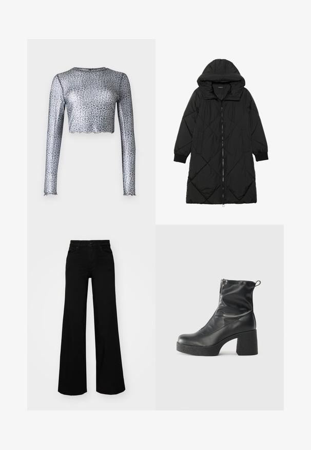 Schwarze, gesteppten Puffermantel mit Kapuze, ausgestattet mit einem Reißverschluss, seitlichen Taschen und elastischen Bündchen. Glattes, wasserabweisendes Material.; Silbernes Mesh-Oberteil mit langen Ärmeln und Cropped-Saum, mit einem Leopardenmuster und gewellten Kanten an den Ärmeln und am Saum.; Schwarze weit geschnittene Hose aus Denim, mit einem strukturierten Bund, Gürtelschlaufen und Fronttaschen. Glatte Textur mit klassischem Design.; Schwarze Stiefeletten aus glattem Leder mit seitlichem Reißverschluss, klobigem strukturiertem Absatz und runder Zehenform.