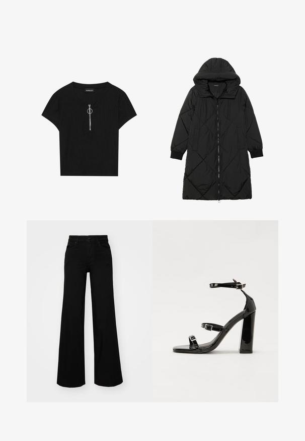 Casaco puffer acolchoado preto com capuz, apresentando um fecho de correr, bolsos laterais e punhos elásticos. Tecido suave e à prova d'água.; Top preto canelado de mangas curtas com decote redondo e um fecho na frente com um puxador metálico em formato de anel, feito de um tecido texturizado.; Calças largas pretas em denim, com uma cintura estruturada, passantes para cinto e bolsos frontais. Textura suave com um design clássico.; Sandálias de tacão preto laqueadas com bico quadrado, tiras para o tornozelo e fivelas prateadas. Apresentam um salto bloco chunky para estabilidade.