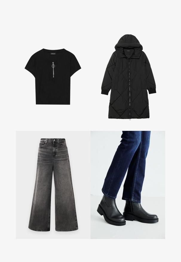 Μαύρο πλεκτό μπουφάν με κουκούλα, που διαθέτει κλείσιμο με φερμουάρ, πλαϊνές τσέπες και ελαστικούς καρπούς. Λείο, αδιάβροχο ύφασμα.; Μαύρη ριγωτή μπλούζα κοντομάνικη με στρογγυλή λαιμόκοψη και μπροστινό φερμουάρ με μεταλλικό κρίκο, κατασκευασμένη από υφασμάτινη υφή.; Γενναιόδωρα μαύρα τζιν παντελόνια με ξεθωριασμένο φινίρισμα, σχέδιο πέντε τσεπών και κουμπί στη μέση, με ραμμένα διακοσμητικά στοιχεία.; Μαύρες δερμάτινες μπότες μέχρι τον αστράγαλο με χοντρή σόλα και ελαστικές πλαϊνές επιφάνειες, συνδυασμένες με σκούρα μπλε τζιν. Το έδαφος είναι ανοιχτού χρώματος.