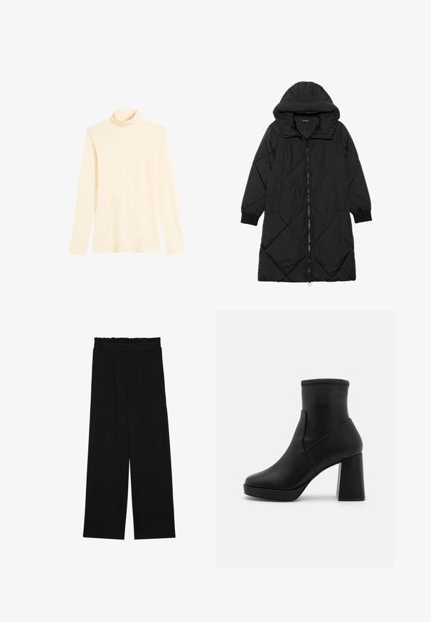 Musta tikattu puhvittakki hupulla, jossa on vetoketjukiinnitys, sivutaskut ja elastiset hihansuut. Sujuva, vettä hylkivä kangas.; Vaalean kerma värinen merimiespusero pehmeästä kankaasta, jossa on pitkät hihat ja istuva siluetti korkean kauluksen kanssa.; Musta leveälahkeinen housut, joissa on röyhelövyötärö, kaksi sivutaskua ja sileä, kevyt kangas. Ei näkyviä kuvioita tai metalliosia.; Musta nahkasaapas nilkkapituisella varrella, jossa on korkea lohkarekenkä, sileä pinta ja tiukka yläosa. Ominaisuuksiin kuuluu saumattomasti suunniteltu rakenne ilman näkyviä kiinnittimiä.