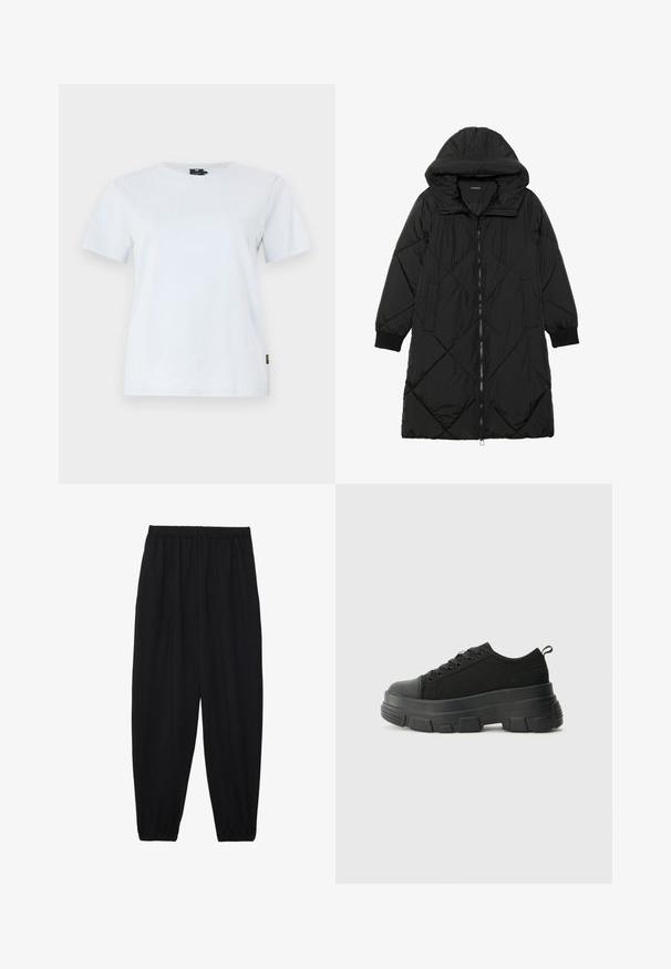 Melnas quiltētas pūkara mētelis ar kapuci, ar rāvējslēdzēja aizdari, sānu kabatām un elastīgām aprocēm. Gluda, ūdensizturīga auduma.; Gaiši zila kokvilnas T-krekls ar klasisku apaļu kaklu, īsām piedurknēm un mazu logotipu uz krūšu daļas. Mīksta tekstūra, brīva piegriezuma.; Melnas, vieglas bikses ar elastīgu jostu un savilktiem potītiem. Audums ir gluds un to raksturo brīva, sašaurināta forma.; Melnas kedas ar masīvu gumijas zoli, teksturētu auduma augšdaļu, apaļu purngalu un saistīšanas dizainu. Iekļautas pastiprinātas acs atveres un aizmugurējais cilpiņas siksniņa.