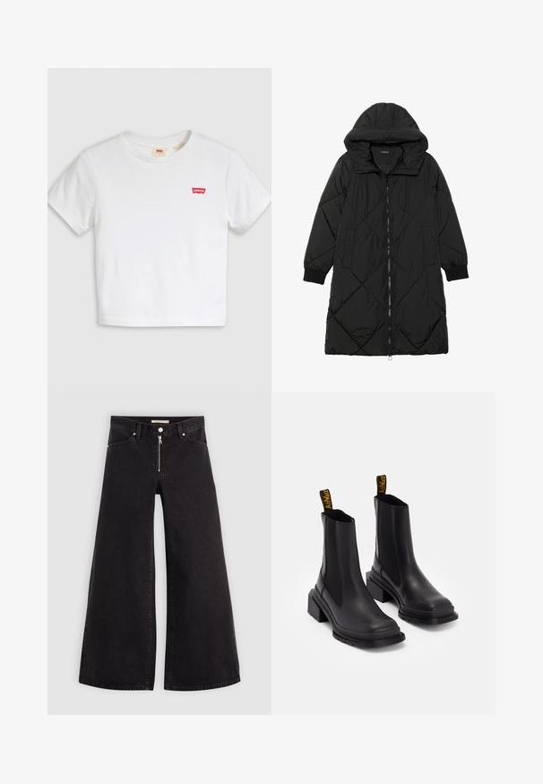 Juodas siūtais pūkų paltas su gobtuvu, turintis užtrauktuką, šonines kišenes ir elastines rankoves. Lygus, vandeniui atsparus audinys.; Balta trumpinta medvilninė marškinėlių palaidinė. Savybės: apvalus kaklas ir trumpomis rankovėmis. Ant krūtinės mažas raudonas Levi's logotipas. Lygus tekstūra.; Plačios kojų džinsai iš juodo džinsinio audinio su užtrauktuku priekyje, penkių kišenių dizainu ir subtiliais siuvinėjimo akcentais. Lygus paviršius ir laisvalaikio stilius.; Juodi kulkšniniai batai, pagaminti iš lygaus odos, su elastingais šonų paneliais, kvadratiniais pirštais ir storu kulnu. Yra geltoni prekės ženklo užtrauktukai.