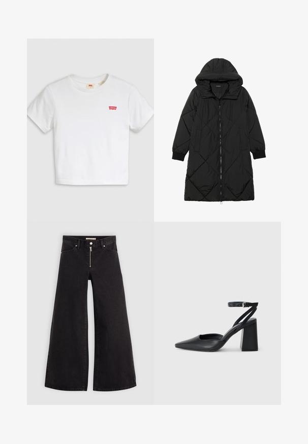 Juodas siūtais pūkų paltas su gobtuvu, turintis užtrauktuką, šonines kišenes ir elastines rankoves. Lygus, vandeniui atsparus audinys.; Balta trumpinta medvilninė marškinėlių palaidinė. Savybės: apvalus kaklas ir trumpomis rankovėmis. Ant krūtinės mažas raudonas Levi's logotipas. Lygus tekstūra.; Plačios kojų džinsai iš juodo džinsinio audinio su užtrauktuku priekyje, penkių kišenių dizainu ir subtiliais siuvinėjimo akcentais. Lygus paviršius ir laisvalaikio stilius.; Juoda odinė smailiagalė aukštakulnio bateliai su kulkšnies dirželiu ir storu kulnu. Lygus paviršius, elegantiškas dizainas ir minimalistiška estetinė.