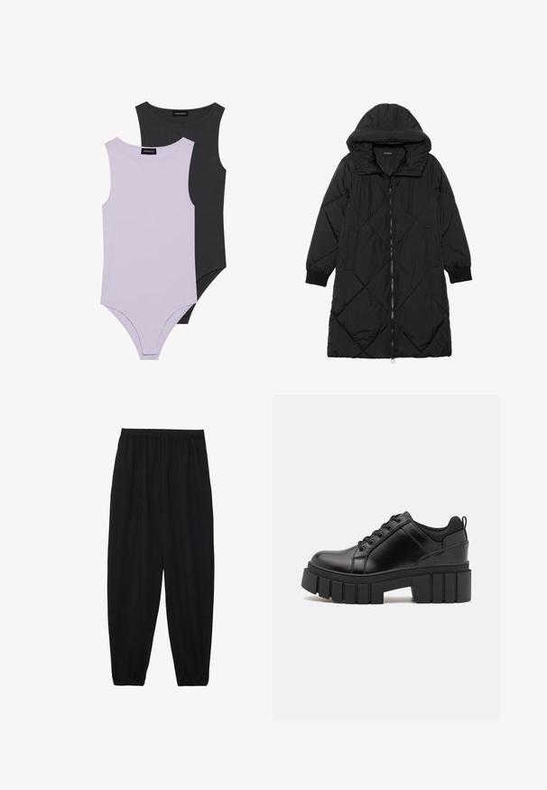 Svart vadderad jacka med huva, med dragkedja, sidofickor och elastiska ärmslut. Slät, vattenavvisande tyg.; Två ärmlösa bodysuits: en i ljus lavendel, en i mörkgrå. Tillverkade av mjukt tyg med rund halsringning och figurnära passform.; Svarta, lätta byxor med elastisk midja och samlade ankleder. Tyget är slätt och har en avslappnad, avsmalnande design.; Svarta läderplattformsskor med en kraftig blockklack, rund tå och traditionell snörningsdesign. Har en slät textur och minimal detaljering.