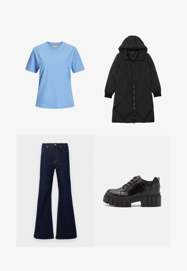 Casaco puffer acolchoado preto com capuz, apresentando um fecho de correr, bolsos laterais e punhos elásticos. Tecido suave e à prova d'água.; T-shirt azul claro de manga curta feito de algodão macio. Design de gola redonda com um corte descontraído e sem padrões ou detalhes visíveis.; Jeans de ganga boca de sino em azul escuro, com cintura alta, bolsos à frente e detalhes em costura dourada. Textura suave com um corte tradicional.; Sapatos de plataforma em couro preto com um salto bloco robusto, bico redondo e design clássico de atacadores. Apresentam uma textura suave e detalhes mínimos.