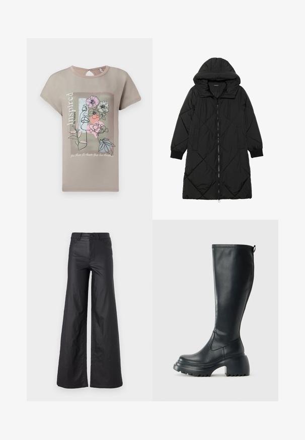 Manteau matelassé noir avec capuche, doté d'une fermeture éclair, de poches latérales et de poignets élastiques. Tissu lisse et résistant à l'eau.; T-shirt taupe à manches courtes avec un design artistique floral en ligne et du texte. Détail au dos en forme de clé et texture de tissu douce. Ajustement léger et décontracté.; Pantalons larges noirs en simili cuir. Dotés d'une taille haute, de passants de ceinture, de deux poches avant et de détails cousus.; Botte en cuir noir haute avec semelle plateforme épaisse et talon carré, dotée d'une languette et d'un motif texturé sur la semelle extérieure.
