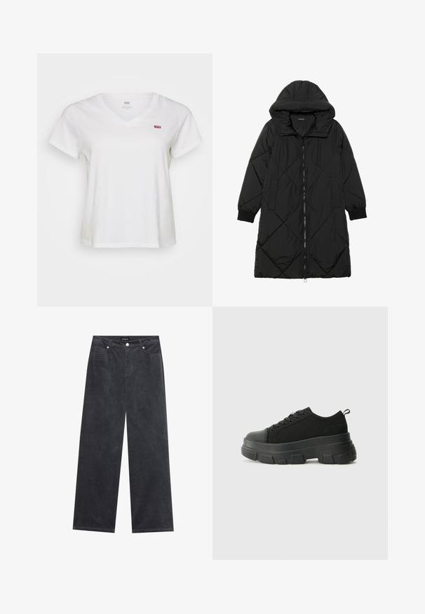 Black quilted puffer coat with a hood, featuring a zip closure, side pockets, and elastic cuffs. Smooth, water-resistant fabric.; White cotton T-shirt with a V-neck, short sleeves, and small red Levi's logo on the left chest. Soft texture, relaxed fit.; Wide-leg trousers in dark gray corduroy, featuring a button closure, four pockets, and a soft textured finish.; Black sneakers with a chunky rubber sole, textured fabric upper, round toe, and lace-up design. Features reinforced eyelets and back pull tab.