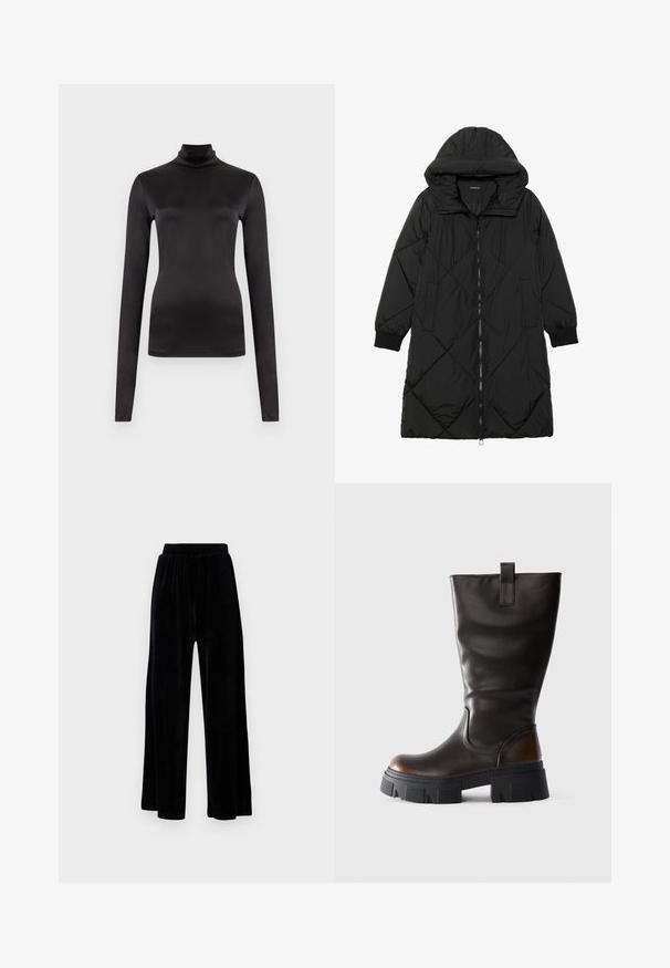 Black quilted puffer coat with a hood, featuring a zip closure, side pockets, and elastic cuffs. Smooth, water-resistant fabric.; Long-sleeve black turtleneck made of smooth, stretchy fabric. Fitted design with a high neck and no visible patterns or embellishments.; Black wide-leg trousers made of soft velvet, featuring an elastic waistband and a smooth texture, with no visible detailing or patterns.; Tall black leather boot with chunky black platform sole and brown accent on heel, side view on light gray background.