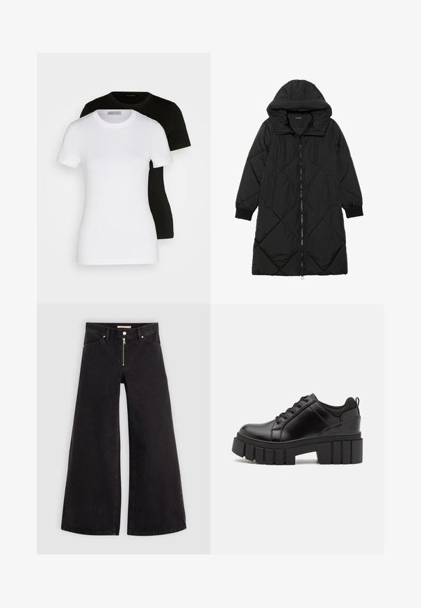Černá prošívaná péřová bunda s kapucí, vybavená zipovým zapínáním, bočními kapsami a elastickými manžetami. Hladká, voděodolná tkanina.; Dvé trička s krátkým rukávem v černé a bílé barvě. Vyrobena z hladké bavlny, mají klasický kulatý výstřih a standardní střih.; Džíny s širokými nohavicemi v černém denimovém provedení se zipem vpředu, pěti kapsami a jemnými švy. Hladká textura a ležérní styl.; Černé kožené platformové boty s masivním blokovým podpatkem, kulatou špičkou a tradičním šněrováním. Mají hladký povrch a minimální detaily.