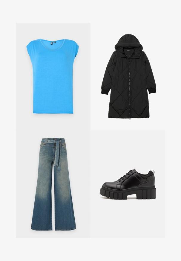 Black quilted puffer coat with a hood, featuring a zip closure, side pockets, and elastic cuffs. Smooth, water-resistant fabric.; Blue short-sleeve top with a v-neck design, made of soft fabric, featuring a simple style and unembellished texture.; Wide-leg denim trousers featuring a light to dark blue gradient, high waist, belt loops, and a matching fabric belt. Textured denim finish.; Black leather platform shoes with a chunky block heel, round toe, and traditional lace-up design. Features smooth texture and minimal detailing.