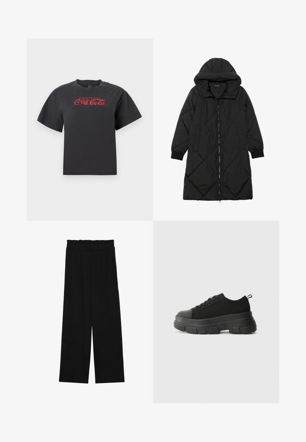 Juodas siūtais pūkų paltas su gobtuvu, turintis užtrauktuką, šonines kišenes ir elastines rankoves. Lygus, vandeniui atsparus audinys.; Juodas medvilninis marškinėliai su trumpomis rankovėmis, su raudonu „Coca-Cola“ logotipu ir tekstu krūtinės srityje. Klasikinis apvalus iškirptė, laisvas siluetas.; Juodi platūs kelnes su volaniniu juosmeniu, turinčiu dvi šonines kišenes ir glotnią, lengvą medžiagą. Nėra matomų raštų ar detalių.; Juodos sportinės bateliai su stambiu guminiais padu, tekstūrizuotu audinio viršumi, apvaliu pirštu ir raištelių uždarymu. Yra sutvirtinti akių angos ir nugaros kilputė.