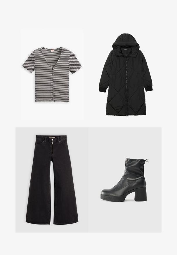 Crna tkanina sa štepom puffer kaput s kapuljačom, sa zatvaračem na zip, bočnim džepovima i elastičnim manžetama. Glatka, vodootporna tkanina.; Crzno-bijela prugasta kratkosazna bluzica s gumbima i dekolteom u obliku slova V te teksturiranim materijalom. Sadrži više gumba duž prednje strane.; Široke traperice od crnog denima s prednjim zatvaračem, dizajnom s pet džepova i suptilnim detaljima šivanja. Glatka tekstura i ležeran stil.; Crne gležnjače od glatke kože, s bočnim zatvaračem, debelim teksturiranim potplatom i dizajnom s zaobljenim prstima.