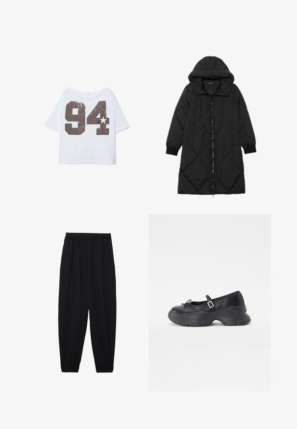 Črna prešita puffer jakna s kapuco, ki ima zadrgo, stranske žepe in elastične manšete. Gladek, vodoodporen material.; Bela majica s kratkimi rokavi in ohlapnim krojem, ki ima velik, poškodovan črni print številke "94" in majhen detajl z zvezdico.; Črne, lahke hlače z elastičnim pasom in nabranimi gležnji. Tkanina je gladka in ima sproščen, taperiran dizajn.; Črne usnjene Mary Jane čevlje z zaobljenim nosom, podrobnostjo v obliki pentlje in nastavljivim gležnjenjskim trakom. Imajo masiven gumijast podplat s konkavnimi detajli.
