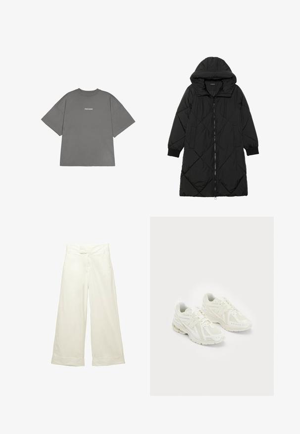 Černá prošívaná péřová bunda s kapucí, vybavená zipovým zapínáním, bočními kapsami a elastickými manžetami. Hladká, voděodolná tkanina.; Šedé oversized tričko vyrobené z bavlny, s krátkými rukávy a kulatým výstřihem. Na přední straně je nápis "PEGADOR" v bílé barvě.; Široké kalhoty z jemné krémové látky. Mají plochý pas a ohrnuté manžety. Hladký povrch s čistým, minimalistickým designem.; Bílé atletické boty vyrobené z prodyšných a syntetických materiálů, s tkaničkovým designem, polstrovaným límcem a texturovanou podrážkou pro lepší přilnavost. Lehké provedení.