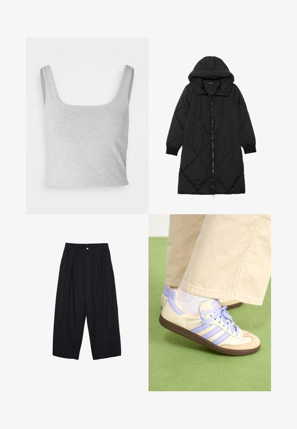 Crna tkanina sa štepom puffer kaput s kapuljačom, sa zatvaračem na zip, bočnim džepovima i elastičnim manžetama. Glatka, vodootporna tkanina.; Sivi uski top s širokim naramenicama, kvadratnim dekolteom i mekom, glatkom teksturom. Jednostavan dizajn bez dodatnih uzoraka ili akcenta.; Crne poliester hlače culotte s elastičnim pojasom, dva prednja nabora i širokim krojem. Nema vidljivih uzoraka ili metalnih detalja.; Kremasto-ljubičaste tenisice s tri pruge i strukturiranim smeškim potplatom, s vezicama i podstavljenim petom. Mekana gornja tkanina.