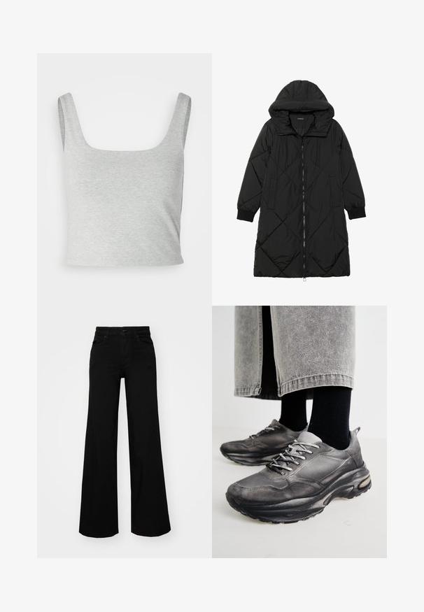 Černá prošívaná péřová bunda s kapucí, vybavená zipovým zapínáním, bočními kapsami a elastickými manžetami. Hladká, voděodolná tkanina.; Šedý zkrácený top s širokými ramínky, čtvercovým výstřihem a jemnou, hladkou texturou. Jednoduchý design bez dalších vzorů nebo akcentů.; Černé široké kalhoty vyrobené z denimu, s pevným pasem, poutky na opasek a předními kapsami. Hladká textura s klasickým designem.; Černé a šedé sportovní boty mají síťovaný svršek, silné podrážky a šněrování. Mají zaoblenou špičku a viditelné polstrování.