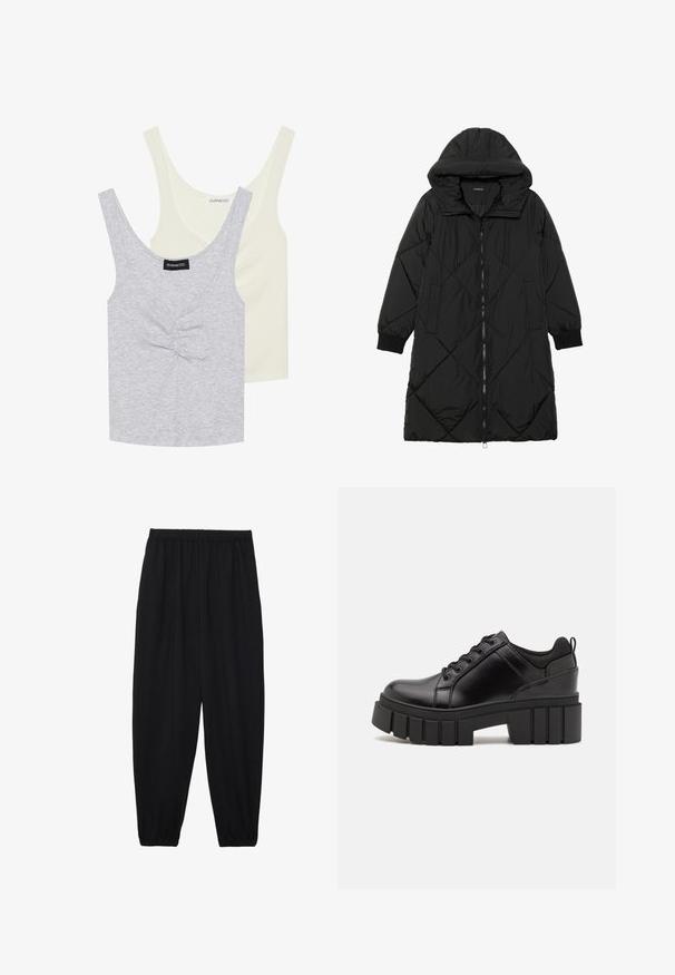 Black quilted puffer coat with a hood, featuring a zip closure, side pockets, and elastic cuffs. Smooth, water-resistant fabric.; Two tank tops: one light gray with a textured pattern and front buttons, and one solid cream. Both have wide straps and a scoop neckline.; Black, lightweight pants with an elastic waistband and gathered ankles. The fabric is smooth and features a relaxed, tapered design.; Black leather platform shoes with a chunky block heel, round toe, and traditional lace-up design. Features smooth texture and minimal detailing.