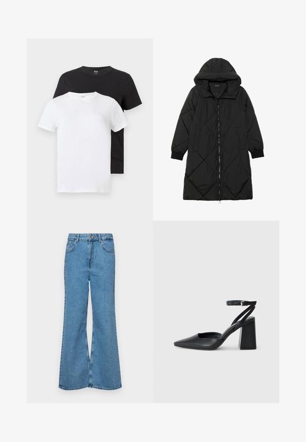 Črna prešita puffer jakna s kapuco, ki ima zadrgo, stranske žepe in elastične manšete. Gladek, vodoodporen material.; Dve majice: ena bela in ena črna, obe s kratkimi rokavi in okroglo ovratnikom, narejeni iz bombaža z gladko teksturo.; Svetlo modri razširjeni džins hlače iz denima, z visokim pasom, petimi žepi in enim gumbom za zapiranje. Mehka tekstura z blagim zbledelim videzom.; Črne usnjene klasične čevlje z ostrim nosom, z zaponko za gleženj in debelim peto. Ravna tekstura, eleganten dizajn in minimalistična estetika.