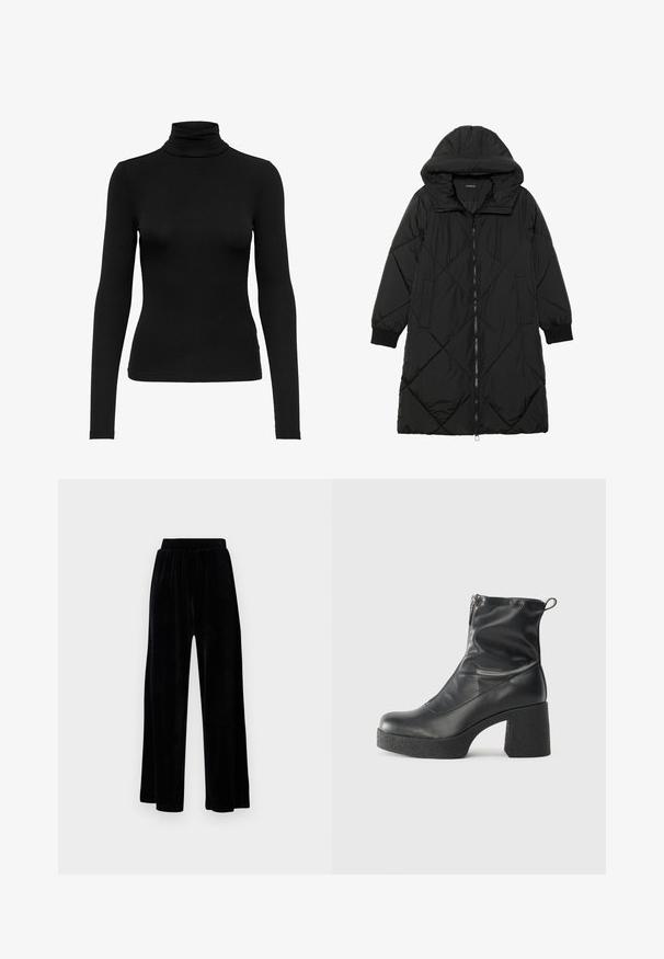 Cappotto imbottito nero trapuntato con cappuccio, caratterizzato da chiusura con zip, tasche laterali e polsini elastici. Tessuto liscio e resistente all'acqua.; Maglietta nera a maniche lunghe con collo a imbuto realizzata in tessuto a coste; design aderente con collo alto, superficie liscia e senza motivi o dettagli visibili.; Pantaloni neri a gamba larga realizzati in morbido velluto, dotati di una cintura elastica e una superficie liscia, senza dettagli o motivi visibili.; Stivali neri alla caviglia in pelle liscia, con zip laterale, tacco spesso e texture, e punta arrotondata.
