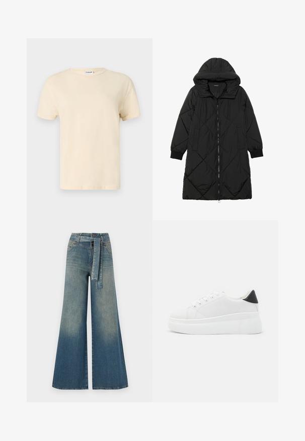 Svart quiltet puffjakke med hette, med glidelås, sidelommer og elastiske mansjetter. Glatt, vannavvisende stoff.; Kortermet t-skjorte for menn i en lys beige farge. Har rund hals, vanlig passform og glatt bomullsstoff. Enkel design.; Bredde ben jeans med en lyseblå til mørkeblå gradient, høyt liv, beltehemper og et matchende belte i samme stoff. Teksturert denimoverflate.; Hvite plattform sneakers laget av glatt syntetisk materiale, med rund tå, snøring og en strukturert gummisåle. Svart hæl akcent.