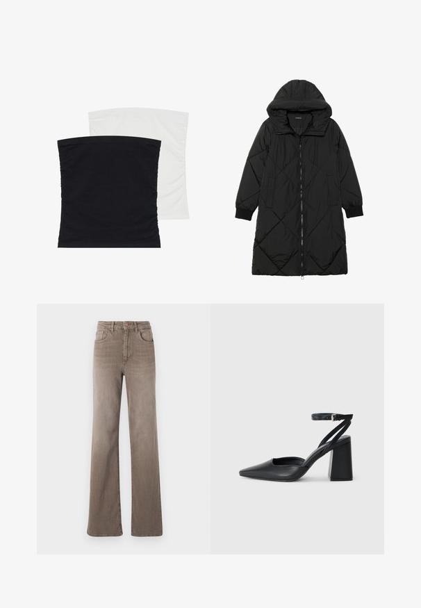 Zwarte gewatteerde pufferjas met een capuchon, voorzien van een ritssluiting, zijzakken en elastische manchetten. Glad, waterafstotend materiaal.; Twee rekbare bandeau-toppen, één in zwart en de ander in wit, met zachte, gladde stof en geplooide textuur aan de zijkanten.; Bruine hoge taille straight-leg jeans met een knoop aan de voorkant, riemlussen en een klassieke vijf-pocket design op een witte achtergrond.; Zwarte leren puntige pump met een enkelbandje en een chunky hak. Vlakke textuur, strakke vormgeving en minimalistische esthetiek.