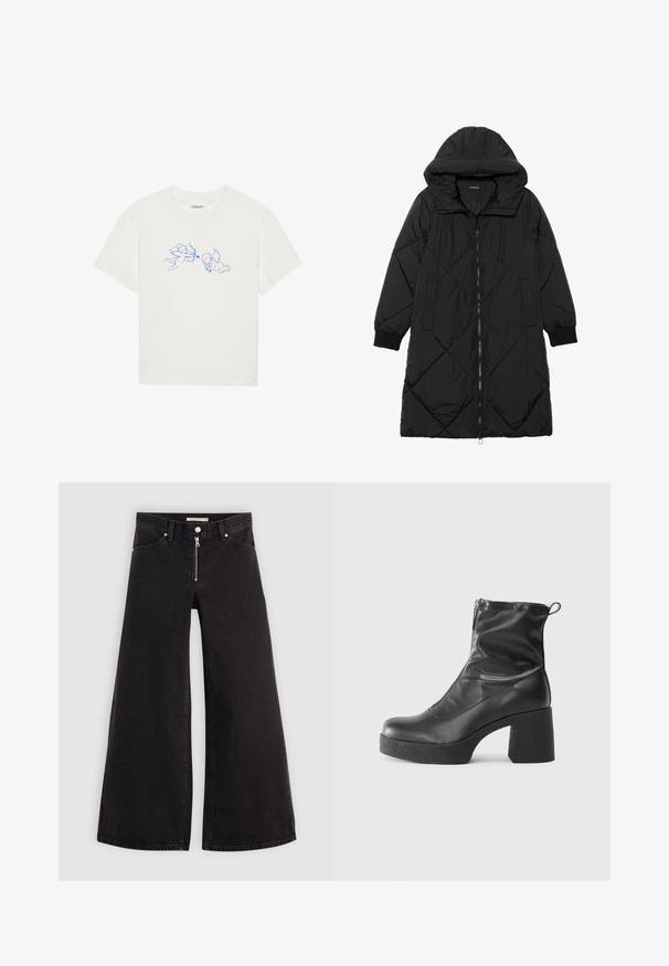 Svart quiltet puffjakke med hette, med glidelås, sidelommer og elastiske mansjetter. Glatt, vannavvisende stoff.; Hvit bomull t-skjorte med blå konturillustrasjoner av to engler i lekne positurer, rund hals, kort ermer og en avslappet passform.; Vide benbukser i sort denim med glidelås i front, fem-lomme design og subtile sømdetaljer. Glatt tekstur og avslappet stil.; Svarte ankelstøvler laget av glatt lær, med glidelås på siden, chunky strukturert hæl, og rund tå-design.