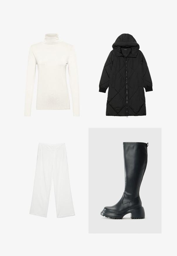 Crna tkanina sa štepom puffer kaput s kapuljačom, sa zatvaračem na zip, bočnim džepovima i elastičnim manžetama. Glatka, vodootporna tkanina.; Dugi rukav turtleneck u krem boji, izrađen od mekog materijala s uskim krojem. Ima visoki ovratnik i glatku, ravnomjernu teksturu.; Široke hlače od bijele tkanine, s glatkom teksturom, prednjim džepovima i klasičnim pojasom s petljama za remen.; Visoke crne kožne čizme s debelim platformskim đonom i blok petom, s patentom za povlačenje i teksturiranim uzorkom na potplatu.
