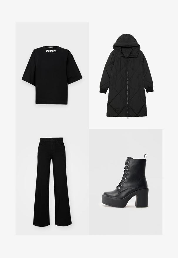 Svart quiltet puffjakke med hette, med glidelås, sidelommer og elastiske mansjetter. Glatt, vannavvisende stoff.; Svart kortermet t-skjorte laget av bomull, med rund hals og hvit "REPLAY" logo på framsiden. Rett snitt.; Svart vide bukser laget av denim, med en strukturert midjebånd, beltestropper og frontlommer. Glatt tekstur med et klassisk design.; Sorte læder ankelstøvle med en kraftig blokhæl, snøre foran og tekstureret overflade. Har en flap på bagsiden for nem påtagning.