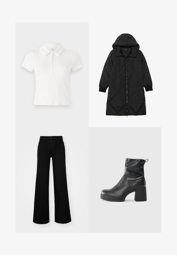 Czarna pikowana kurtka puchowa z kapturem, z zapięciem na zamek, bocznymi kieszeniami i elastycznymi mankietami. Gładki, wodoodporny materiał.; Biała koszulka polo wykonana z bawełny. Posiada kołnierzyk, krótkie rękawy oraz listwę z guzikami z przodu. Gładka faktura.; Czarne szerokie spodnie dżinsowe z usztywnionym pasem, szlufkami na pasek i kieszeniami z przodu. Gładka faktura o klasycznym fasonie.; Czarne botki za kostkę wykonane z gładkiej skóry, wyposażone w boczny zamek błyskawiczny, masywny teksturowany obcas oraz zaokrąglony czubek.