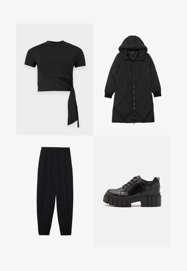 Casaco puffer acolchoado preto com capuz, apresentando um fecho de correr, bolsos laterais e punhos elásticos. Tecido suave e à prova d'água.; Camiseta preta curta feita de um tecido liso e elástico, com mangas curtas, um decote arredondado e um detalhe de atar de lado.; Calças pretas, leves, com um cinto elástico e punhos franzidos. O tecido é suave e apresenta um design relaxado e afunilado.; Sapatos de plataforma em couro preto com um salto bloco robusto, bico redondo e design clássico de atacadores. Apresentam uma textura suave e detalhes mínimos.