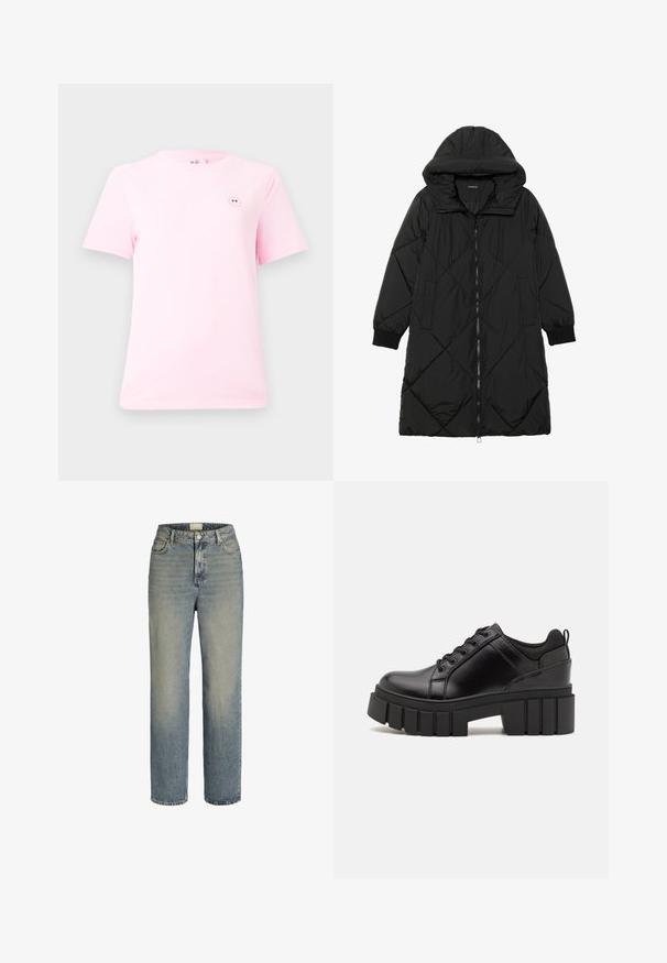 Melnas quiltētas pūkara mētelis ar kapuci, ar rāvējslēdzēja aizdari, sānu kabatām un elastīgām aprocēm. Gluda, ūdensizturīga auduma.; Gaiši rozā īsām piedurknēm T-krekls, izgatavots no kokvilnas, ar mazu apaļu smaida seju grafiku kreisajā krūtī. Mīksta tekstūra un standarta piegriezums.; Gaišzili džinsi ar taisnu kāju dizainu, augstu jostasvietu, piecu kabatu stilu un vieglu izbalēšanu. Iezīmē metāla pogu un rāvējslēdzēja aizdari.; Melnas ādas platformas kurpes ar masīvu bloku papēdi, apaļu purngalu un tradicionālu saistīšanas dizainu. Izceļas ar gludu tekstūru un minimālu apdari.