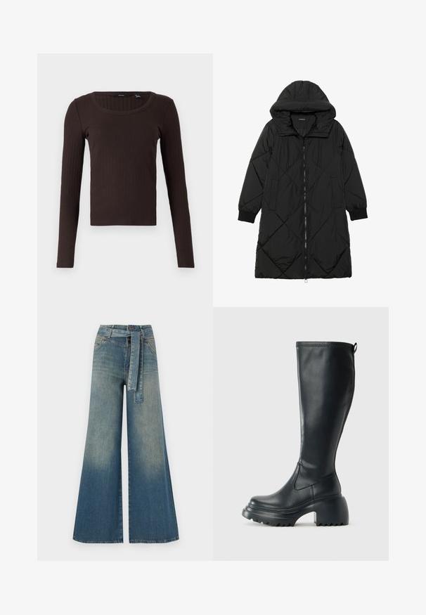 Must-havesinise mustris quiltitudis puffer jakk, millel on kapuuts, tõmblukk, küljetaskud ja elastsed varrukad. Sile, veekindel kangas.; Pruun pika varrukaga ribidega topp, millel on ümar kaelus ja slim fit lõige. Kangas on pehme tekstuuriga ja kerge venivusega.; Laiad denimpüksid, millel on hele tume sinine gradiendiefekt, kõrge vöökoht, vöökumlid ja sobivast kangast vöö. Struktureeritud denimi viimistlus.; Kõrge must nahksaapad, millel on massiivne platvormi tald ja blokk-kand, varustatud tõmbenööriga ja tekstuuriga väljatõmbejääk.